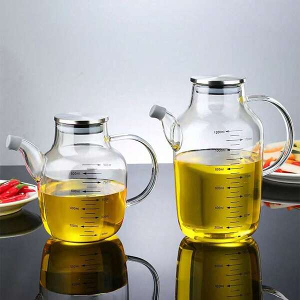 1pc Kitchen Oil Bottle/Dispenser, Stainless Steel & Glass Oil/Vinegar Cruet, Leakproof Condiment Containers