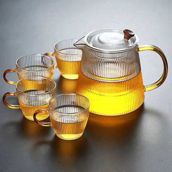 1pc Wholesale New Striped Glass Teapot, Thick Heat-Resistant, For Brewing Tea, Flower Tea And Filtering Water