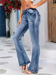 Women Wide Leg Flare Jeans Vintage Mid Rise Denim Bell Bottom Trousers  Sexy Fashion Boyfriend Slim Bootcut Jeans - 藍色 - 查看 3