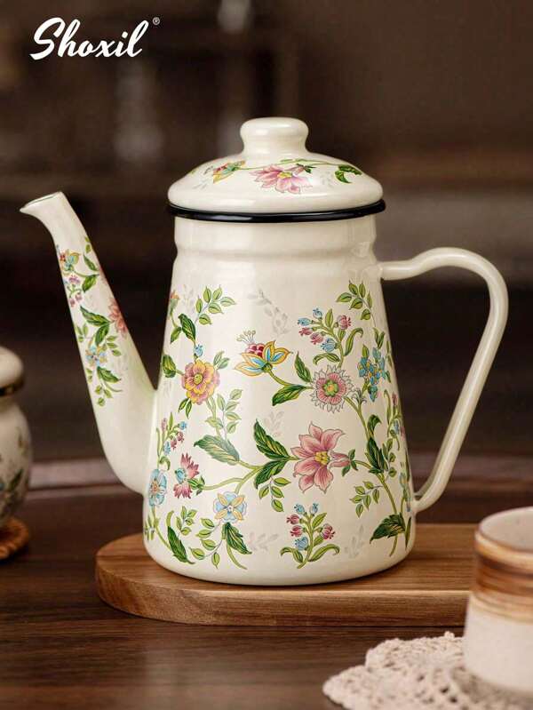 shoxil 1pc Floral Enamel Pour Over Kettle - 1.2L Large Capacity Narrow Spout Coffee & Tea Pot, Heat-Resistant For Gas/Electric Stoves (Vintage Style, Home/Cafe/Gift Use)