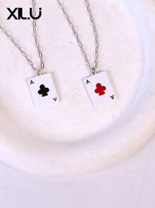 1pc Poker Card & Turquoise Enamel Pendant Necklace For Women, European & American Design