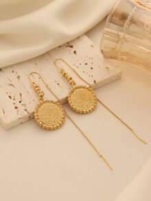 1 Pair Minimalist Vintage Copper Alloy Gold Plating Coin Pendant Ear Thread Earrings, Suitable For Women Daily Wear And Holiday Gifts - Yellow Gold - View 1