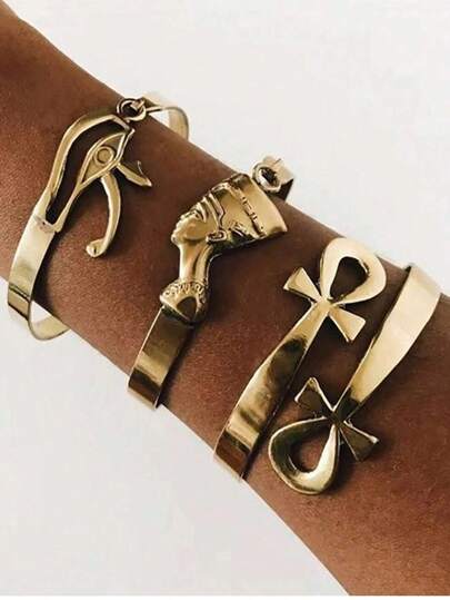 1PC Egyptian Vintage Cuff Bracelet 18K Gold Plated Stainless Steel Evil Eye Ankh Cross Queen Bracelet Bangles For Women Men Punk Jewelry Gift