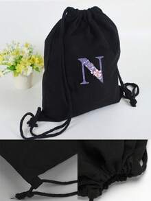 Drawstring Bag School Backpack Sport Bag Women's Fashion Shoulder Backpacks Canvas Shopping Bag Organizer For Travel Cycling Hiking Woman Large Capacity Storage Shopper Bags Initial Name A To Z Letter Print - Black - View 5
