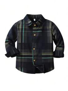 قميص طباعة مربع النقش أزرار أمامية ولد طفل