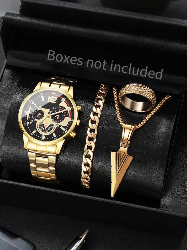 Men's Watch Set With Calendar Function. Stainless Steel Strap, Suitable For Formal Wear. Available In Gold, Silver, And Black. The Three - Color Set Can Be Flexibly Adapted To Various Occasions, Such As Going Out For Play, Commuting To Work, Etc. It Is Convenient To Wear And Can Be Used As A Festival Gift For Family And Friends. It Is An Ideal Choice To Give To Dad On Father's Day, And It Is The Most Appropriate Way To Express Love.