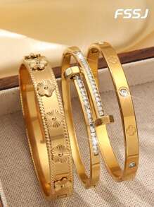 3 Stücke 18 Karat vergoldetes Edelstahl 3D 5-Blätter Blumen Armband, 4-Blätter Blumen Nieten Armband, kubischer Zirkonia Doppelkopf Nieten Armband, wasserdicht und verblassungsresistent, Geschenk für Mädchen, Frauen, Verwandte, Freunde, schöne Hochzeit, Geburtstag, Valentinstag, Mutter, Muttertag