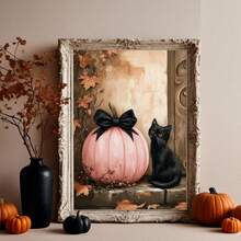 1pc Canvas Wall Art, Halloween Wall Art, Halloween Poster, Framed Wall Art, Playful Black Cat And Pink Pumpkin Poster, Halloween Horror Wall Art, Autumn Home Decor, Autumn Decoration, Cute Decoration, Halloween Decoration, Room Decor, Dorm Decor, Bedroom Home Decor, Autumn Wall Decor - Multicolor - View 9