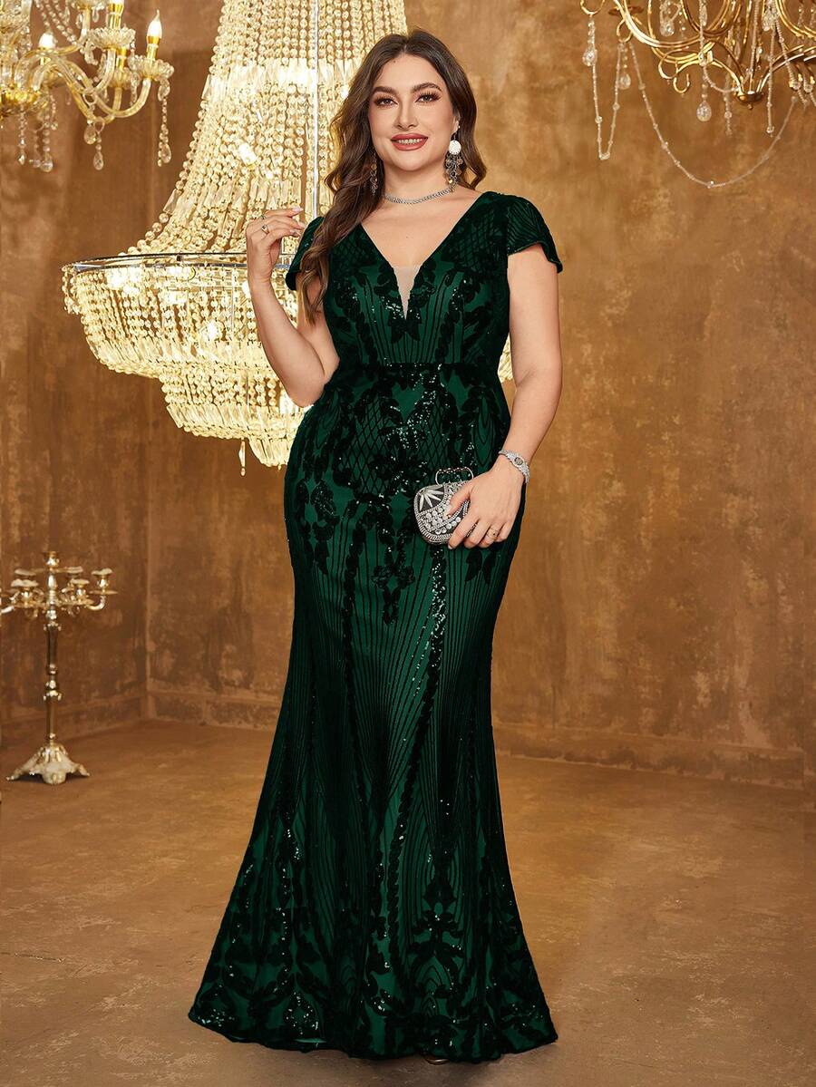UNITHORSE Plus Size Women Deep V-Neck Backless Sequin Embellished Cocktail Party Dress With Caped Sleeves - Màu xanh lá cây đậm - Xem 1