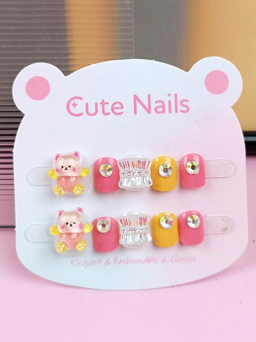 Bộ 10 miếng dán móng tay 3D thủ công, móng tay ngắn vuông mùa hè, móng giả acrylic siêu bóng cho trẻ em, họa tiết gấu dễ thương nhiều màu sắc thời trang, kiểu dáng sang trọng nhẹ nhàng, đính đá lấp lánh, có thể tái sử dụng, ngọt ngào, dễ thương, tối giản, bộ dụng cụ làm móng nghệ thuật thanh lịch với miếng dán có thể tháo rời, thích hợp cho các dịp lễ, tiệc tùng, tụ họp, hẹn hò, và sử dụng hàng ngày. - Nhiều màu - Xem 1