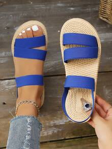 女士夏季时尚松紧带平底凉鞋，轻便舒适仿亚麻绳底沙滩度假凉鞋 - 寶藍色 - 查看 2