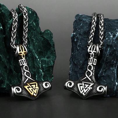 Viking Thor Hammer Pendant Necklace For Men, Vintage Nordic Jewelry Gift, Mixed Gold Rune Talisman Gift