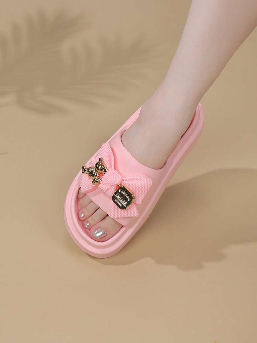 Revreal Black Platform Slides with Bow Accent可愛基本款沙灘Casual休閒Outdoor戶外 - 粉色 - 查看 1