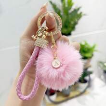 TTOBS 1pc Elegant Braided Leather Keychain With Fluffy Pompom Charm - Durable, Stylish & Versatile Women Key Holder - Multiple Colors, Perfect Car Owner Accessory, Fashionable Gift Idea