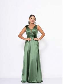 Long Satin Bridesmaid Dress With Flower Detail - Olive Green - View 3