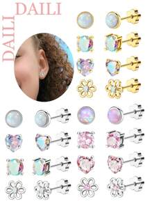 DAILI 4 pares de brincos fofos feitos à mão com a parte traseira lisa para mulheres, hipoalergênicos, em aço inoxidável, ouro 14k, opala, zircônia cúbica, flor, coração, cartilagem, brincos para pele sensível, 20g, brincos de zircônia cúbica rosa e prata