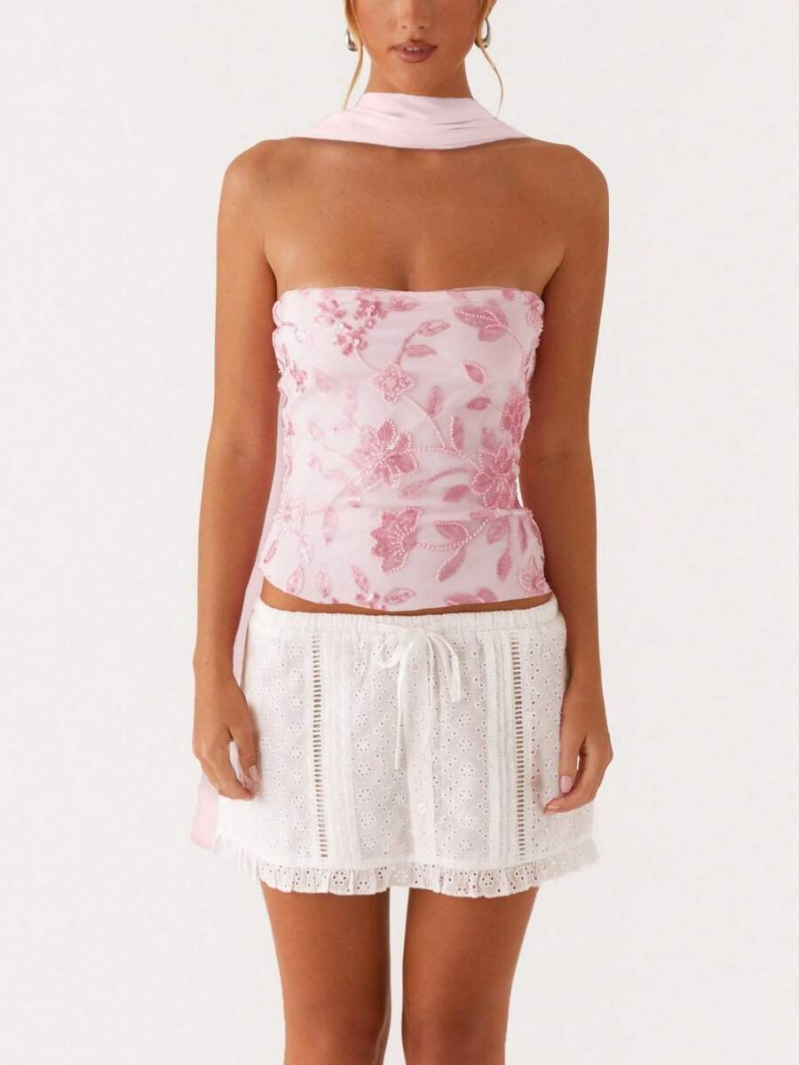Womens Floral Embroidery Cami Tank Top With A Scarf Y2k Sparkle Sequin Slim Fit Solid Color Camisole Crop Tops Backless Pearl Embellished Vests Shirts Bling Glitter Rhinestone Going Out Tops Party Club Streetwear - 粉色 - 查看 1