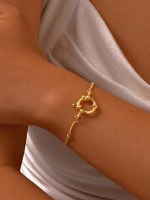 1pc Stainless Steel Bubble Clasp NK Chain Round Snake Beaded Bracelet For Women, Fashionable Jewelry, Summer - Yellow - View 4