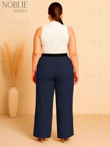 Plus Size Wide Leg Pants Tailored Elegant Casual Zipper Button With Belt - 藏蓝色 - 查看 5