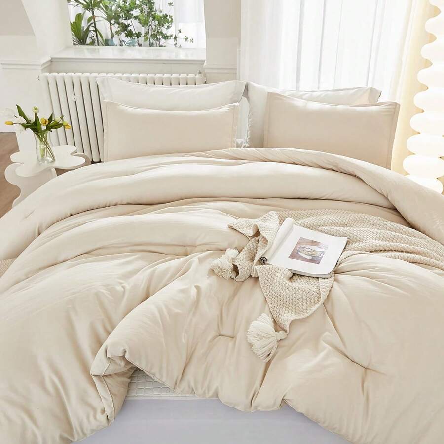 Queen Comforter Set Sage Green, 3 Pieces Lightweight Comforters Queen Size Solid Bedding Comforters Sets, Down Alternative Comforter Bed Set Quilt Blanket - 02 - Beige - View 1