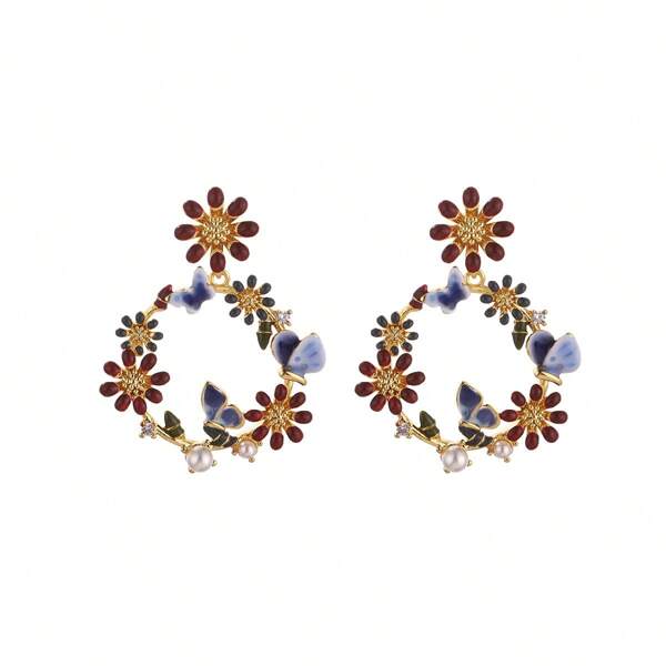 2025 Spring/Summer New Geometric Circle Floral & Bee Pendant Earrings, Elegant Party Gift