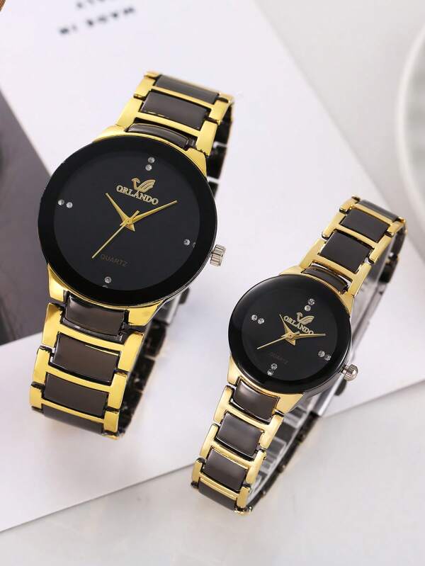 2pcs/Set Couple Metal Quartz Wristwatches, Steel Band Valentine's Day Product