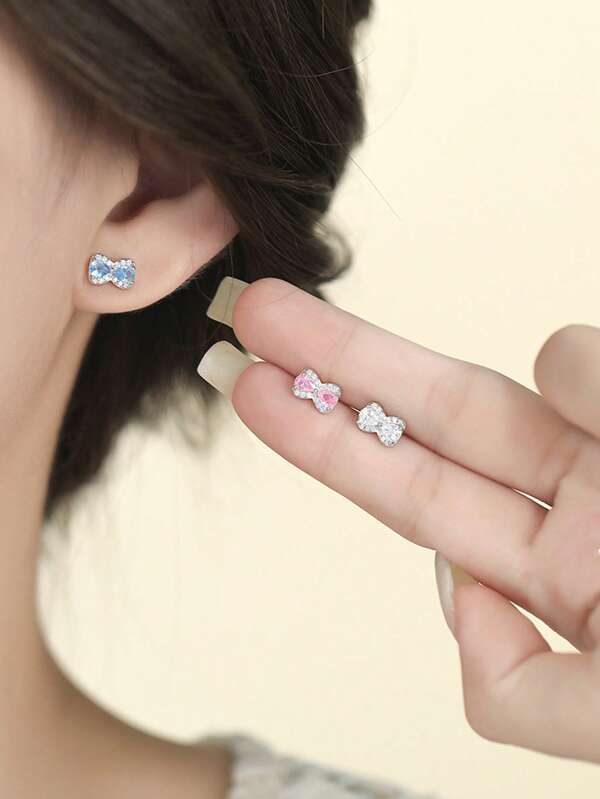 1pc S925 Sterling Silver Cute Candy Color Zirconia Bow Earring, Micro-Inlaid Zirconia, Elegant Princess Style For Women, Suitable As Daily Wear, Mother's Day, Valentine's Day, Easter Gift