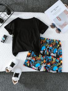 Conjunto de 2 piezas de niños de 4 a 7 años con estampado de dibujos animados, incluyendo blusa de manga corta linda + pantalones cortos casuales, conjunto deportivo de moda - Negro - Ver 3