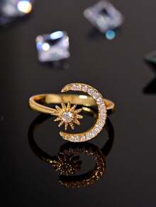 1 Pc Stylish And Elegant 24K Gold Plated Sun And Moon Ring For Women.2025 Middle East European And American Zirconia Sun And Moon Rings, Seiko High-Quality  Adjustable Openning Ring. Perfect For Birthday, Valentine's Day.Gift For Daughter, Friend, Mother. Suitable For Business/Casual/Daily Wear. - Sun and Moon - View 14