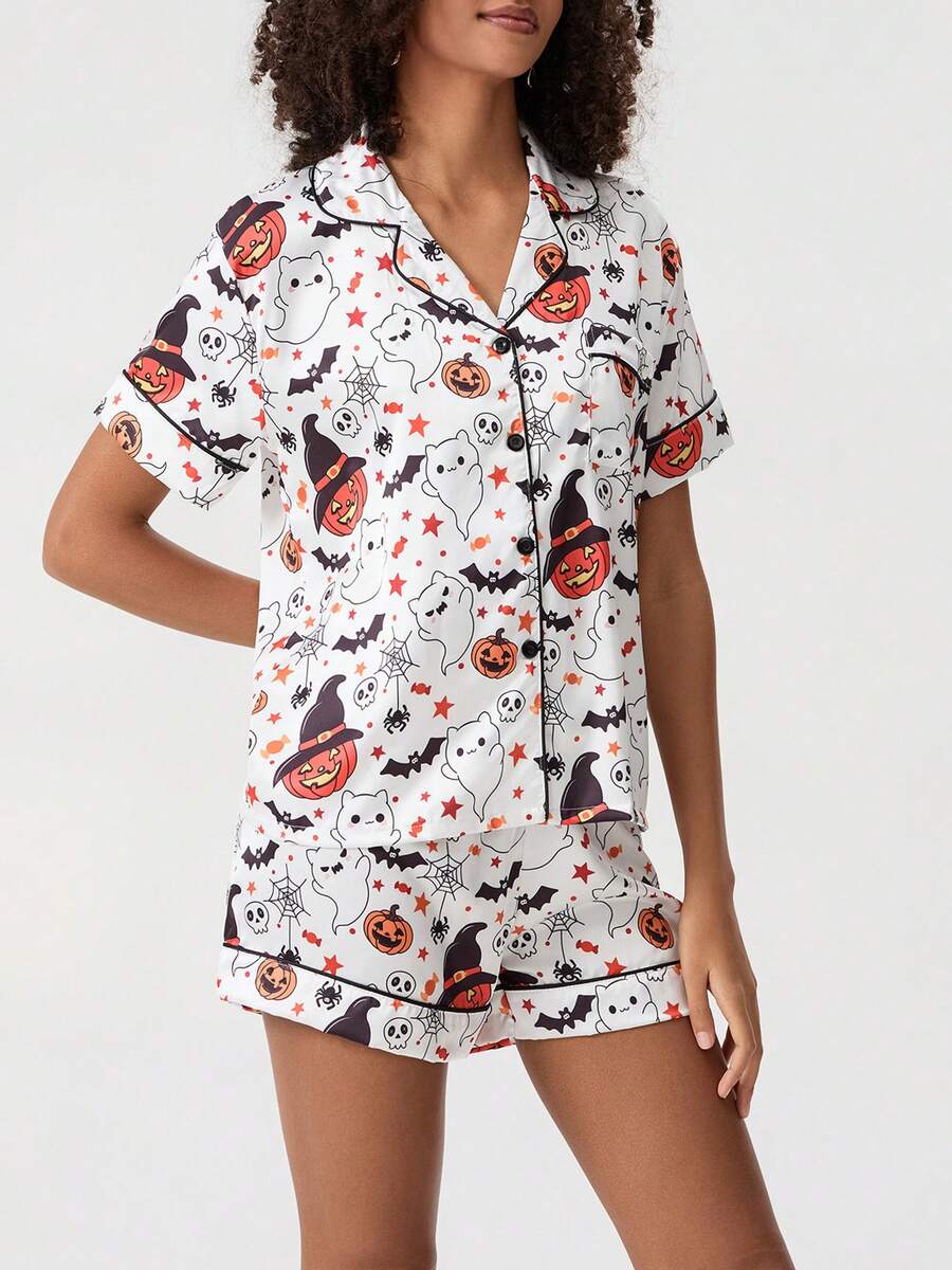Women Halloween Pajama Set, Ghost Pumpkin Print Short Sleeve Button Closure Top With Shorts Sleepwear Loungewear - 白色 - 查看 1