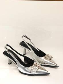 RevReaL Pointed Toe Slingback Heels With Double Buckle Detail - Minimalist Chic Pumps - Silver - View 3