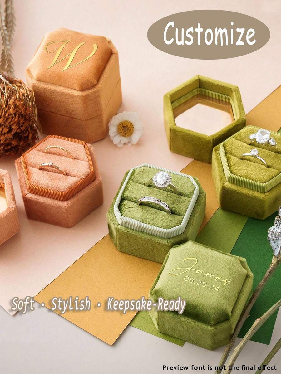Customized Velvet Ring Box, Engravable Initials, Personalized Engagement Ring Box, Dual Slot Wedding Ring Box, Elegant Proposal Ring Box, Wedding Keepsake Engraved Ring Box - Multicolor - View 1