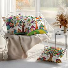 4 pièces Housses de coussin d'appoint imprimées avec arbres et maisons colorés, 45 cm*45 cm