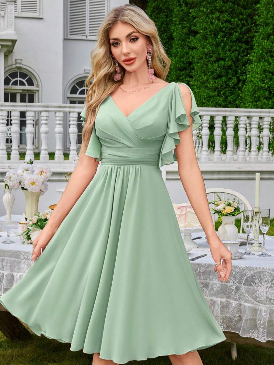 Gaun Pesta/Pernikahan Bodycon Seksi Minimalis Berbahan Chiffon dengan Leher V Dalam - Mint Green - View 1