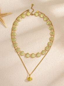 2er Set Halskette mit Edelstahl, goldplattierter Muschel, Niet Herz, Blume, Stern, Kreuz, Kunstperle, handgefertigt, für Damen geeignet für Alltag, Strand, Party, Urlaub, als Geschenk für Freunde