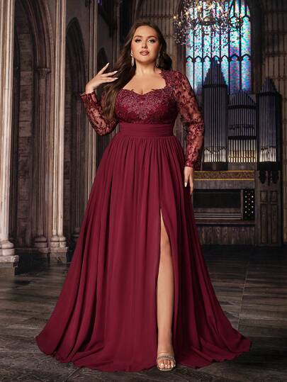 Demure Elegant Plus Size Ladies Solid Color Applique Mesh Splicing Long Sleeve Chiffon Gown Dress, Valentine's Day