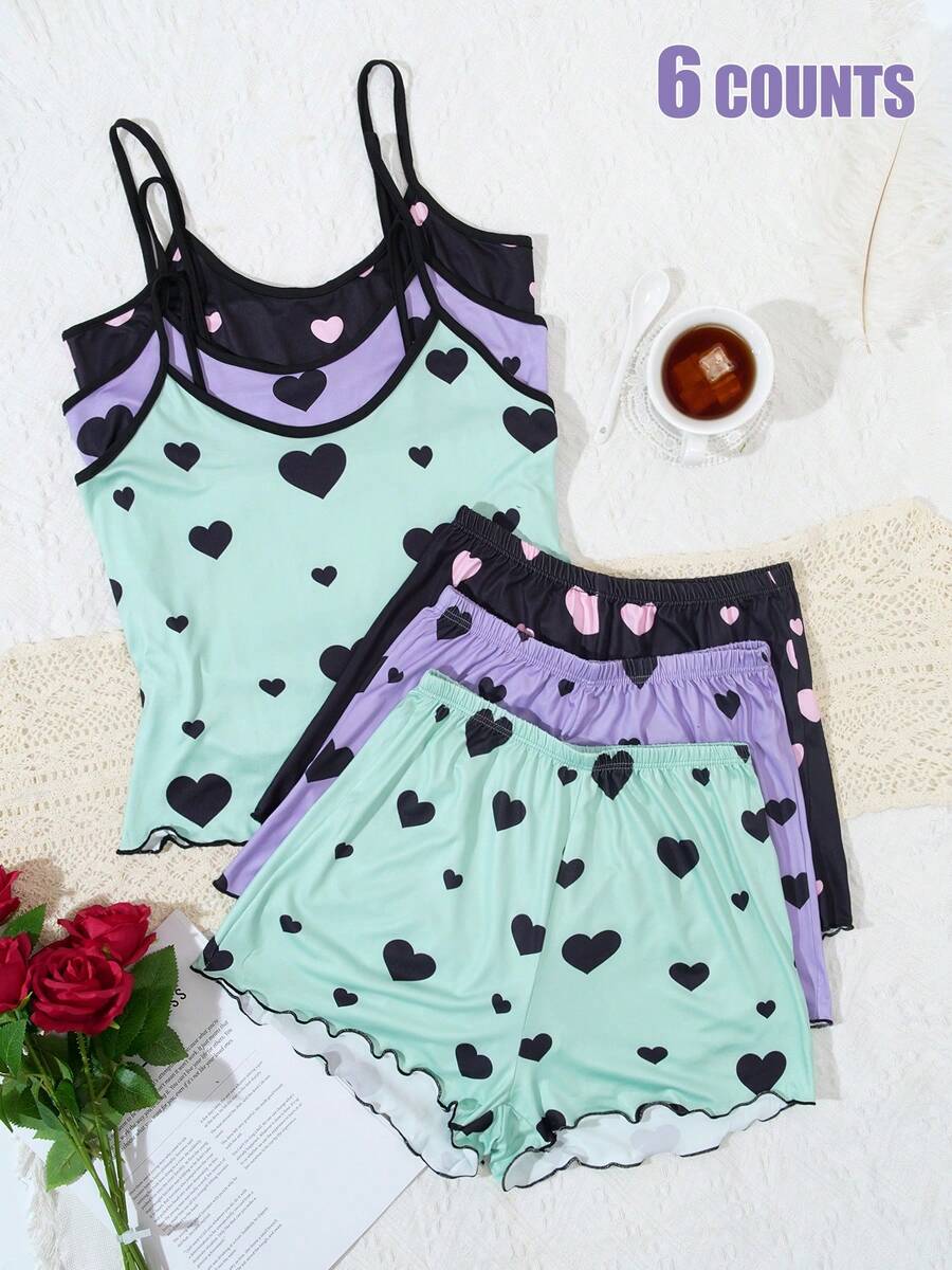 Sharicca 3 Pack Women's Love Heart Print Pajama Set, Strappy Cami Top & Shorts Sleepwear, Lightweight Breathable Nightwear For Summer, Cute Lovely Loungewear & Lingerie - 設定-1 - 查看 1