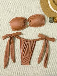 Set di 2 pezzi di costume da bagno intrecciato con anello lucido per donna, adatto per vacanze in spiaggia - Dorato - Visualizzare 3