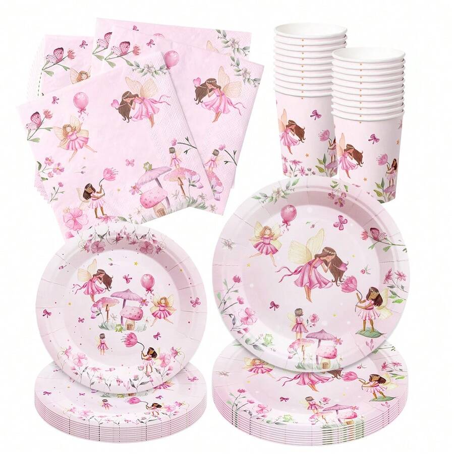 10/80pcs Pink Fairy Theme Birthday Party Supplies Set, Fairy 1st Birthday Party Tableware Set, Suitable For Wedding Birthday Party Decorations