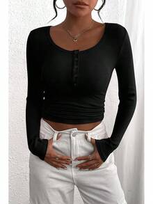 Women's 2025 Fall Long Sleeve Henley Shirts Button Ribbed Knit Casual Basic Tops Blouse - 黑色 - 查看 1