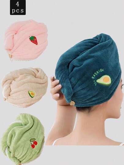 4/1 件珊瑚绒水果刺绣速干浴帽，超柔软纤维女士干发毛巾，浴室配件浴巾，适用于美容院、酒店运动、家居必需品、毛巾、皮肤护理