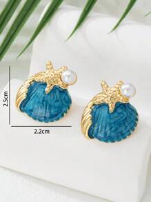 1 Pair Summer Island Relaxed Energetic Tropical Vibes Blue Dripping Oil Starfish & Shell Women Earrings, Holiday Gift, Summer Jewelry