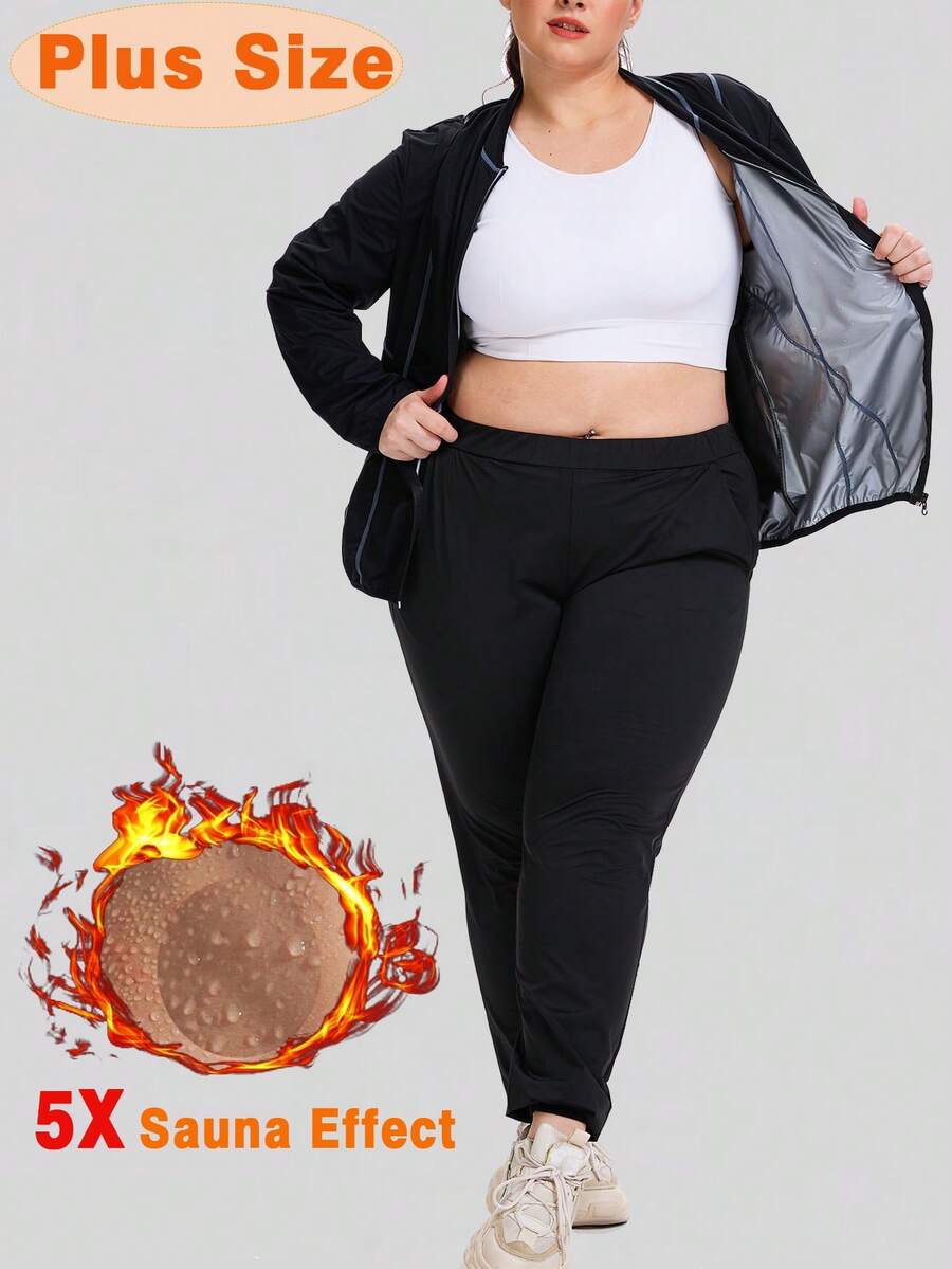 女士加大码桑拿服套装,减肥健身运动套装 - 黑色 - 查看 1