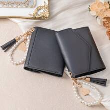 Tassel Beaded Metal Compact Tri-Fold Wallet, Multiple Card Slots And Photo Slots, Women's Short Wallet, Card Holder, Suitable For Daily Use, Work, Business Casual, Great For Gifts, Teachers, Girlfriends, Women, Gift Bags, Back To School, Birthday, Graduation, Handbags, Small Wallets