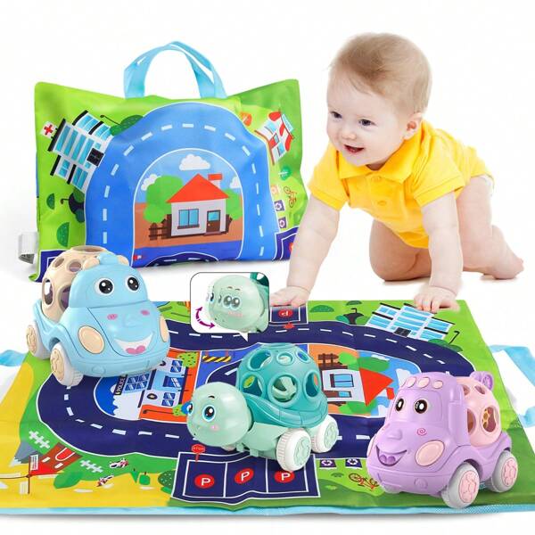 Baby Toy Car For 18 Months Infant, Soft Rubber Push And Go Car For 1 2 Year Old Girls Boys,Rattle And Roll Car With Playmat/Storage Bag, Birthday Gift For Toddler