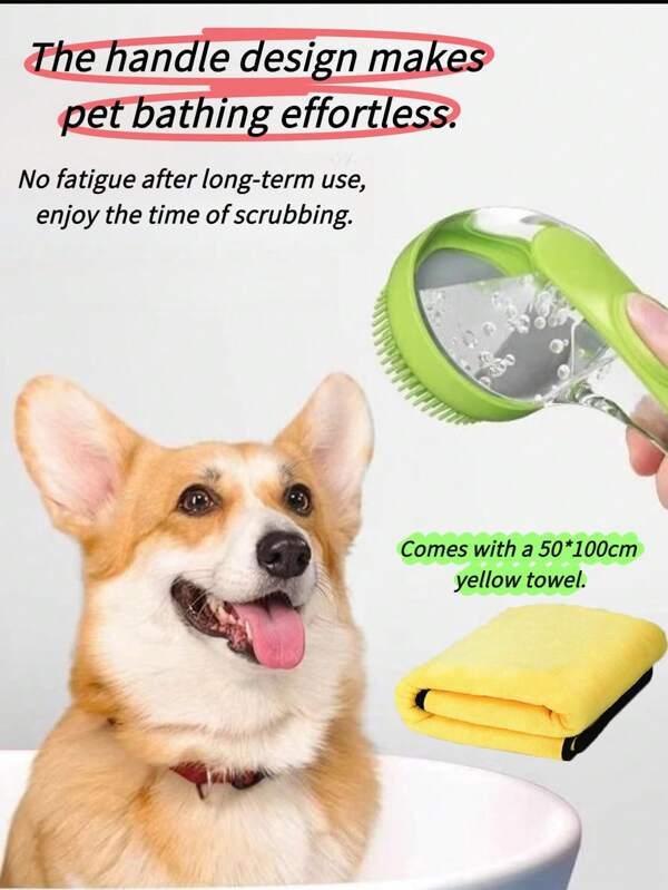 Set de 2 piezas para el aseo de mascotas: 1 cepillo de masaje de silicona + 1 toalla absorbente para mascotas de 50*100cm, con dispositivo para almacenar champú, adecuado para el aseo de perros y gatos