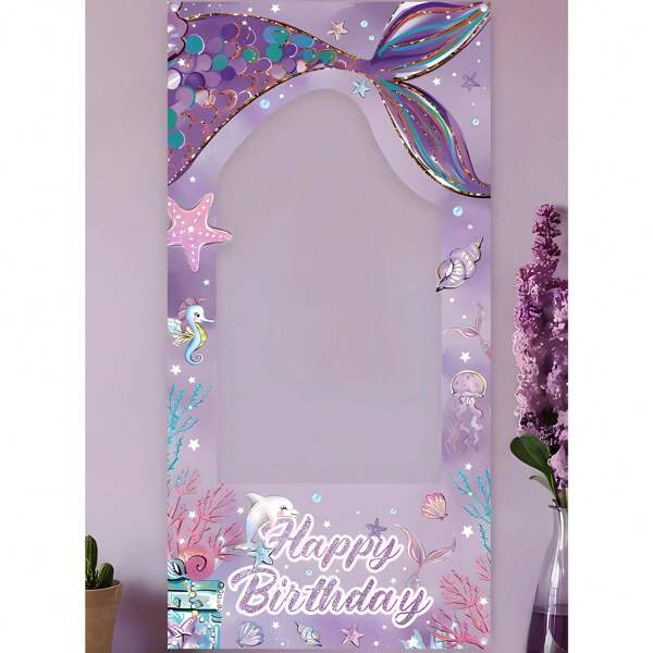 Cornice per foto a tema sirena con sfondo di "Buon compleanno", in materiale vinilico, coda di sirena viola a cartone animato, striscione vuoto a tema oceano, adatto per decorazioni di feste di compleanno a tema, accessori per fotografia