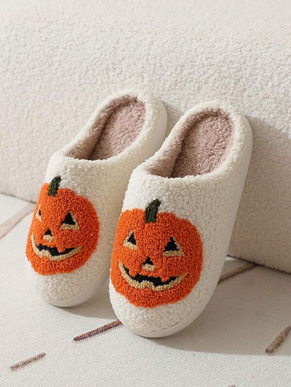 Nuevas zapatillas de felpa gruesa con diseño de cabeza de calabaza de Halloween, zapatillas unisex de interior/exterior cálidas y esponjosas con suela antideslizante de goma para otoño/invierno