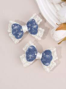 2 piezas Lazos de pelo de encaje y denim para niñas - Lazos de encaje beige con pinzas de cocodrilo, lazos de denim azul con lentejuelas - Elegantes pinzas de lazo para bodas, vacaciones, accesorios de pelo para niños