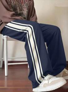 1 pieza Pantalones casuales y sueltos para hombre, pantalones de chándal para vacaciones en la playa, uso diario, deportes al aire libre, entrenamiento, correr, senderismo, ajuste suelto, moda streetwear, pantalones rectos a rayas